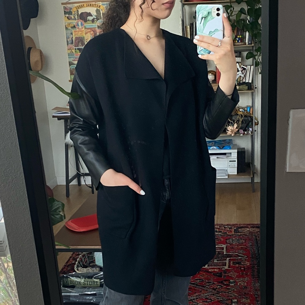ZARA Knit black coat with faux leather sleeves